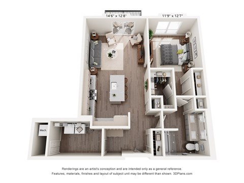 Floor plan for 1 bed, 1 bath, 967 sqft